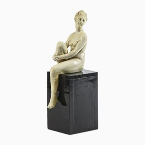 Art Deco Statue of a Woman, White Ceramic with Black Painted Wooden Base