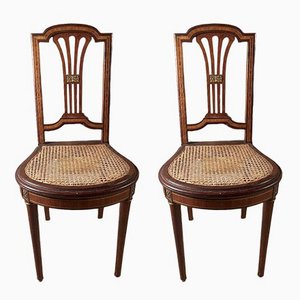 Französische Empire Stühle aus Mahagoni, Satinholz mit Intarsien & Schilfrohrgeflecht, 2er Set
