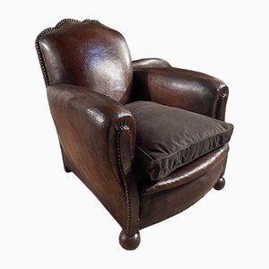 French Cloud Back Conker Leather Studded Club Armchair