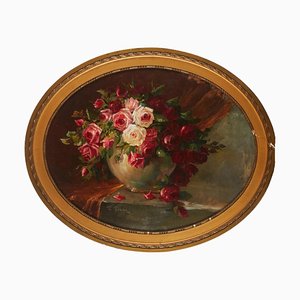 T. Franz, Roses, Huile sur Carton, Encadrée