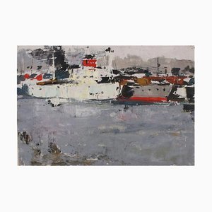 L. Mūrnieks, Port of Riga, Oil on Cardboard
