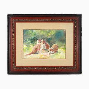 Three Fox Cubs, 1928, Watercolor on Paper, Framed