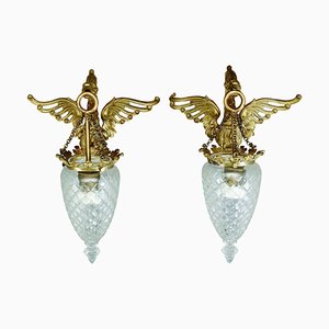 Gilded Bronze Sconces with Shades, 19th Century, Set of 2