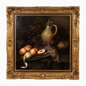 Still Life with Fruit and a Jug, 19th Century, Oil on Canvas, Framed