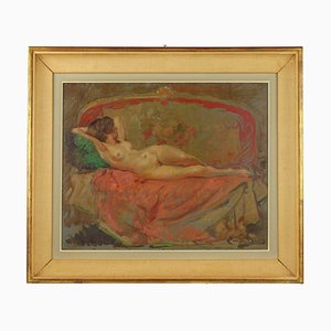 Emile Baes, Nude on Canapé, Oil on Panel, Framed