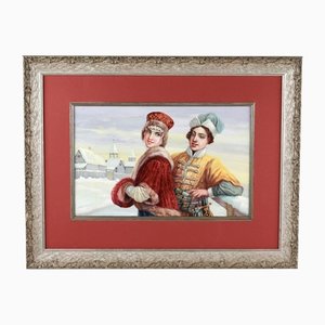 Courtship on the Winter Streets of Russia in the 16th-Century, Watercolor on Paper, Framed