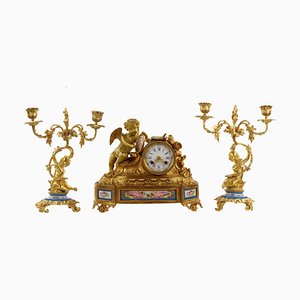 Mantel Clock Set Allegories of Painting in Gilded Bronze