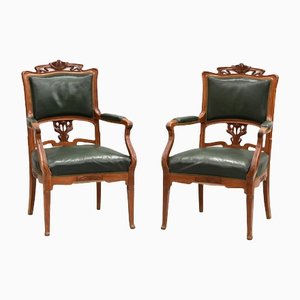 Art Nouveau Leather Armchairs, Set of 2