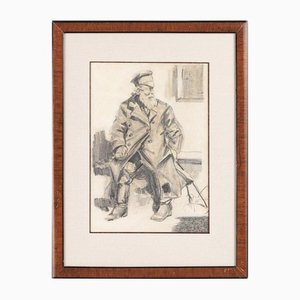 I. Repin, Old Man on the Bench, Pencil on Paper, Framed