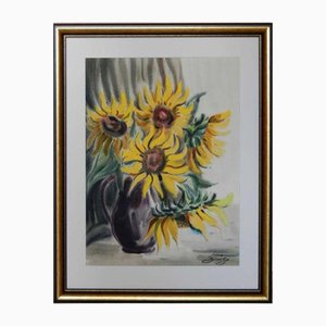 Ilona Brekte, Sunflowers, 1890s, Watercolor on Paper, Framed
