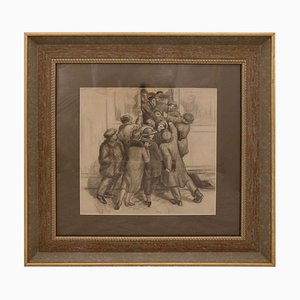 Scene by the Tram, 1928, Pencil on Paper, Framed