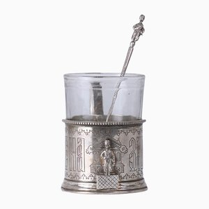 Russian Silver Cup Holder & Spoon, Set of 2