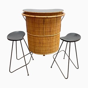 Mid-Century Modern Bamboo Bar & High Stools Set, 1960s