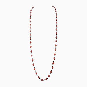 Coral, Onyx, Diamonds, 9 Karat White Gold Multi-Strands Necklace