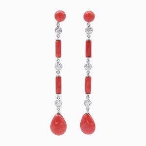 Coral, Diamonds, Platinum Dangle Earrings