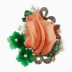 Diamonds Coral Emeralds Green Agate Flowers Little White Pearls Fashion Ring