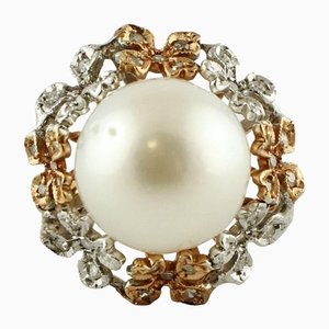 Rose Cluster Diamanten, Weiße Perle, Rose und Weißgold Cluster Thema Ring