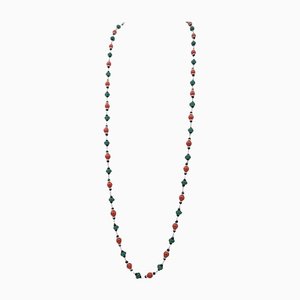 Coral, Onyx, Diamonds, Green Agate, 9 Karat White Gold Multi-Strands Necklace