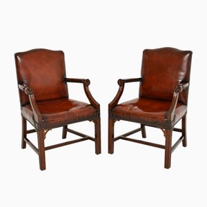 Antique Leather & Wood Gainsborough Armchairs, Set of 2
