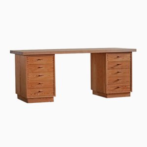 Mid-Century Pine Desk with Leather Handles by Danish Cabinetmaker, 1970s