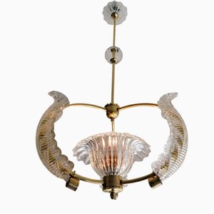 Chandelier with Large Flower-Shaped Cup Supported by Three Brass Arms and Glass in the Form of Leaf frin Barovier, 1940s