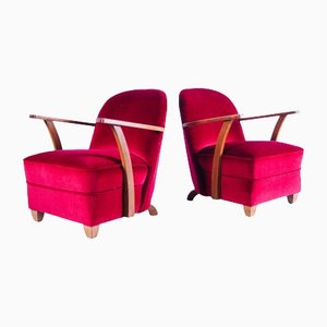 Italian Red Velvet Armrest Fauteuills Chair, Set of 2