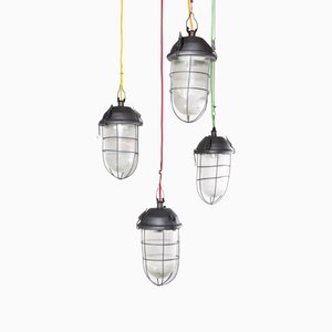 Industrial Caged Hanging Lamp with Original Glass, 1960s