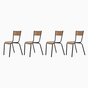 Vintage French Stacking Model 510 School Dining Chairs in Brown from Mullca, Set of 4
