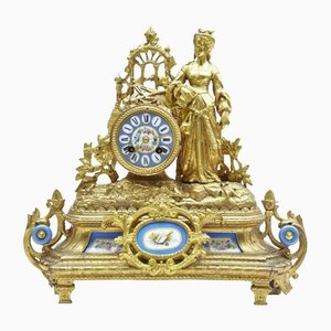 19th Century French Gilt Mantle Clock with Sevres Plaques