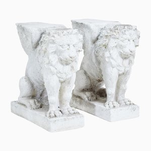 Early 20th Century Stone Garden Lion Pedestals, Set of 2