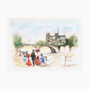 Urbain Huchet, Paris, Promenade Sur Les Quais, 1985, Lithografie auf Arches Papier