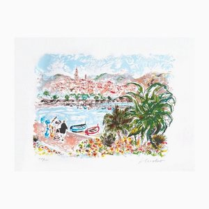 Urbain Huchet, Vue De Menton, 1985, Lithographie sur Papier Bfk Rives