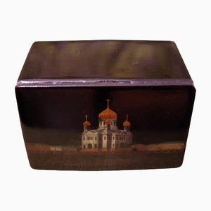 19th Century Russian Box with Image of the Cathedral of Christ the Savior from Factory V.O.