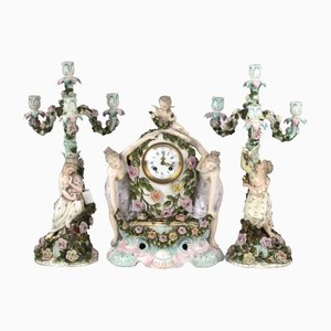 Porzellan Uhrenset mit Kerzenständern von Sitzendorf, 1880, 3er Set