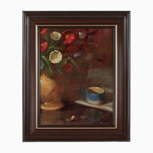 I. Ryazhsky. Still Life with a Mug and Flowers, Oil on Cardboard, Framed