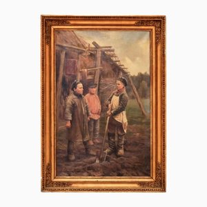 Balunin MA, niños campesinos, óleo sobre lienzo, enmarcado