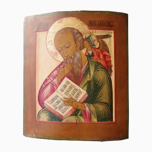 Imagen antigua del santo apóstol y evangelista Juan el teólogo de la escritura escolar, Rusia, siglo XIX