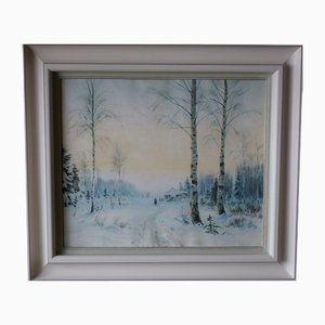 Balunin Mikhail Abramovich, Winter in the Village, Russia, Late 19th-century, Watercolor on Paper, Framed