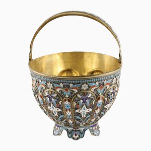 Russian Silver Sugar Bowl Decorated with Cloisonne Enamel