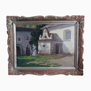 P.O. Kovalevsky, In the Monastery Courtyard, Oil on Cardboard, Framed