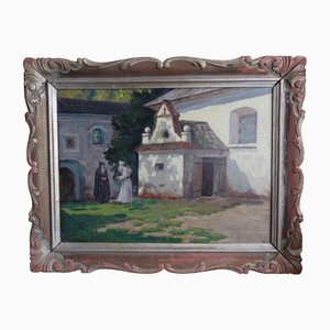 PO Kovalevsky, En el patio del monasterio, Óleo sobre cartón, Enmarcado
