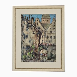 Janis Brekte, Vieux Riga, 1971, Aquarelle, Encadré