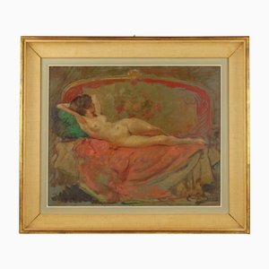 Emile Baes, Nudo su divano, XIX-XX secolo, Olio su pannello, Incorniciato