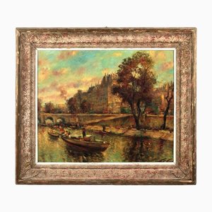 L Liebert, View of Paris from the Seine, 20th Century, Oil on Canvas, Framed