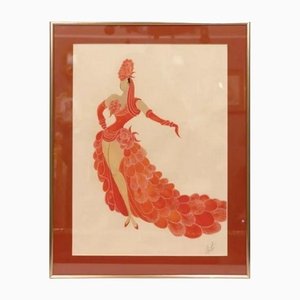 Erte, Stage Costumes Series Illustration, 1990s, Mixed Media on Paper, Framed