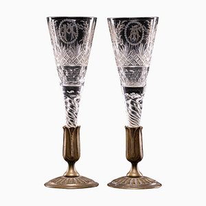 Bicchieri da sposa antichi in cristallo con stelo in bronzo, set di 2