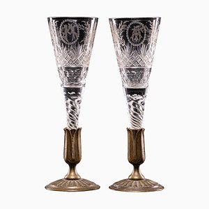 Copas de boda antiguas de cristal con tallo de bronce. Juego de 2