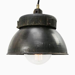 Vintage Industrial Black Gray Enamel & Cast Iron Pendant Light