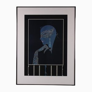 LEA, Handmade & Signed Couture Wall Decoration in Blue, 1960s, Hand Drawing, Framed