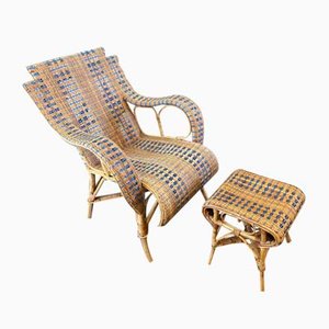 Rattan Chair & Ottoman, France, 1930s, Set of 2
